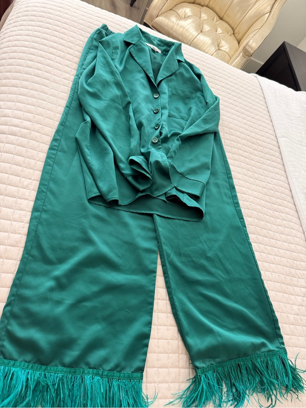 Silky Green Wide-Leg Feather Hem Pants & Button-Front Top Set